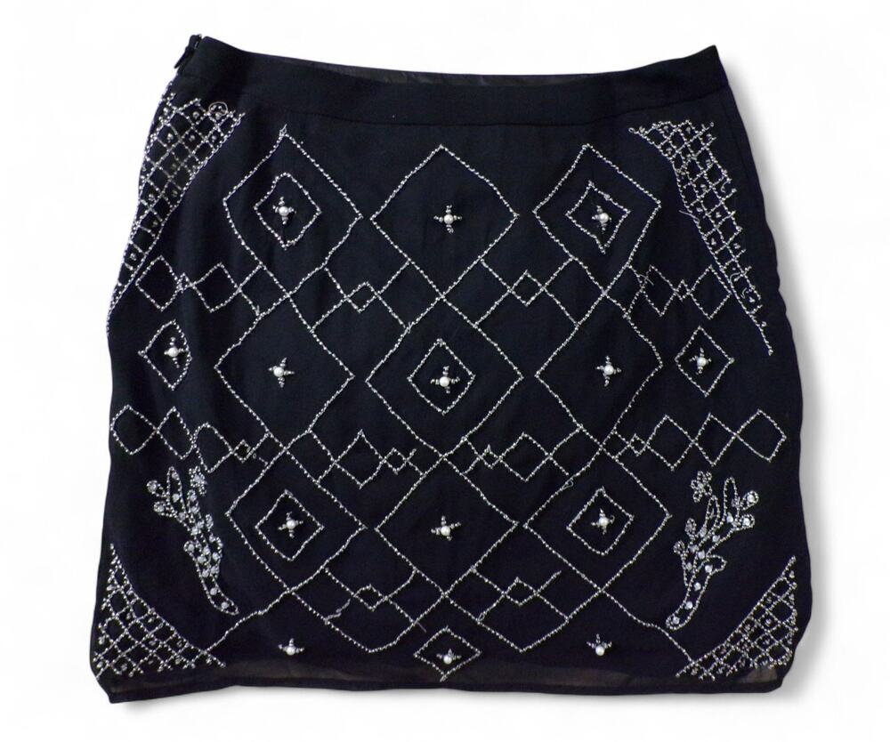 Forever 21 Beaded Design Lined Mini Skirt Voile over Satin Lining Side Zipper SP